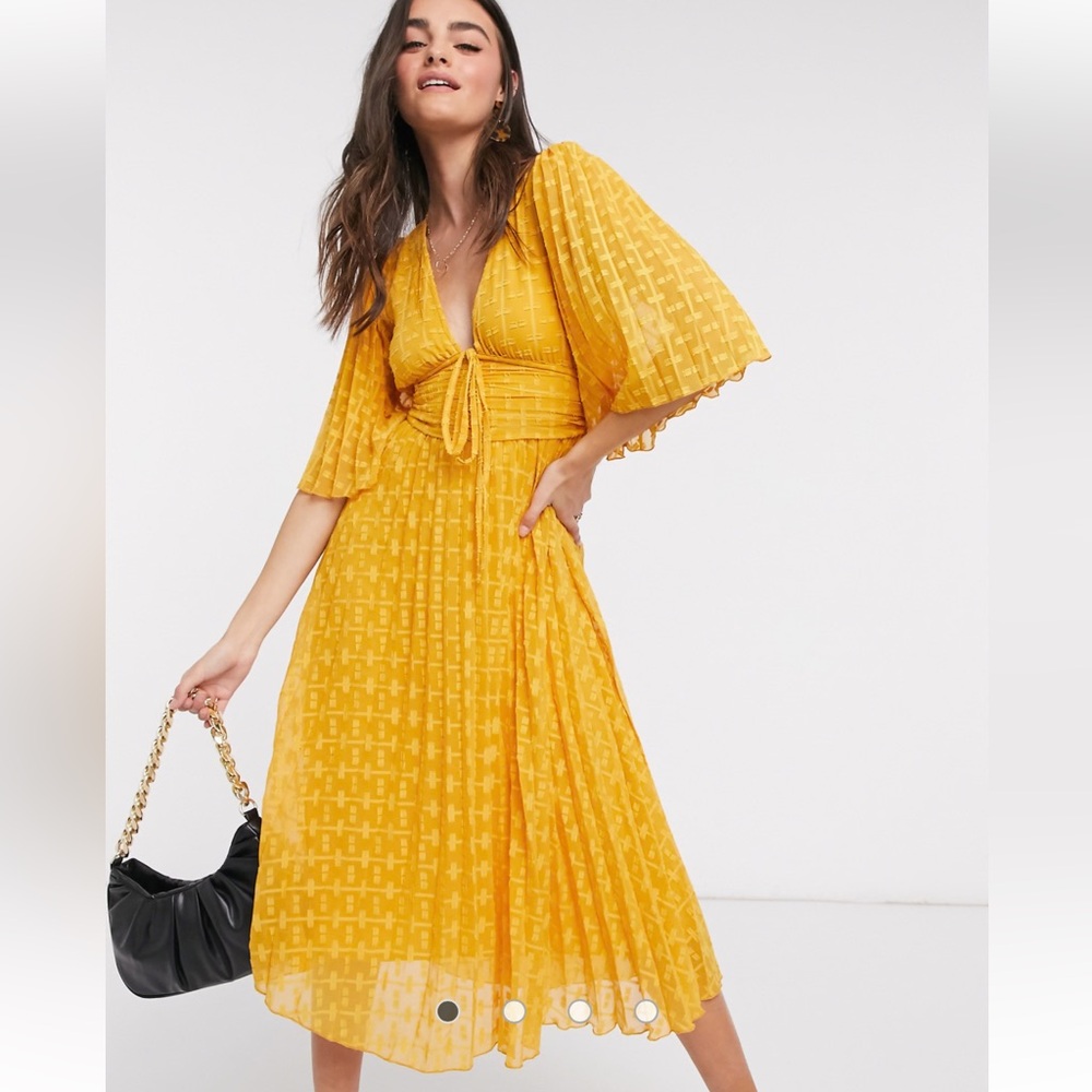 ASOS Yellow Midi Dress with Tie Front and Pleated Skirt